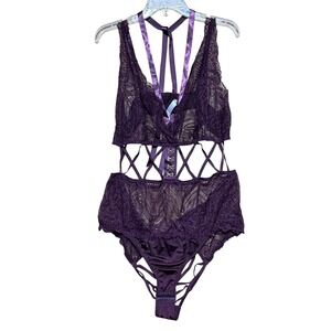 Cacique Purple Floral Lace Strappy Cage Teddy Bodysuit Plus Size 26/28 Plum